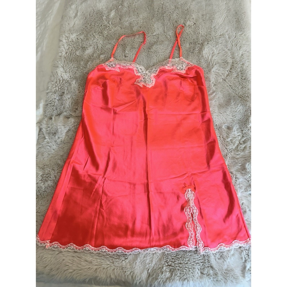 Victoria's Secret Pink Satin Slip Dress Lace Trim Nightgown Lingerie L